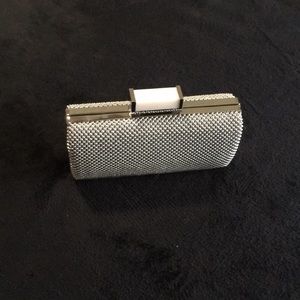 Jessica McClintock silver bead look clutch with chain & faux opal look clasp